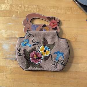 Vintage Patricia Smith Moon Bag Floral Needlepoint Clutch Purse